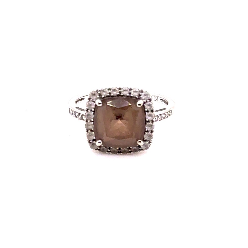 10k White Gold Smoky Quartz Halo Ring Size 7 Brown Gemstone Cocktail Ring 2.7g